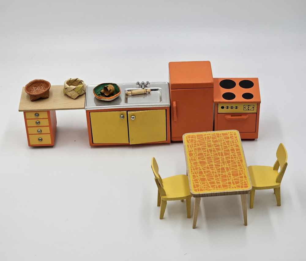 VTG 70s MCM Lundby Kitchen Dining Miniature Dollhouse Set Orange Yellow Mod
